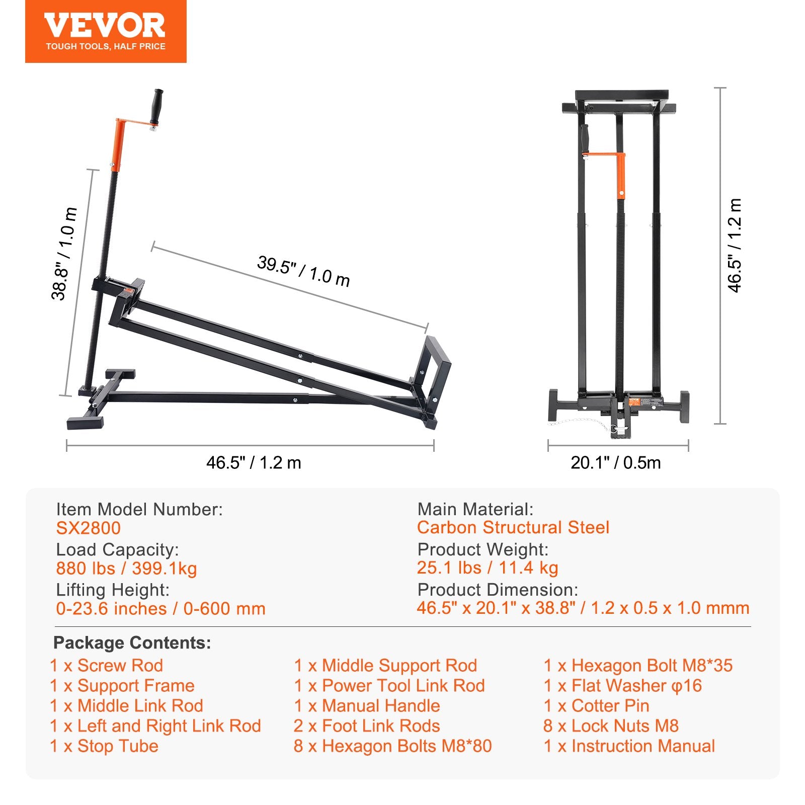 Ride on Lawn Mower Lift Jack, 880 Lbs Weight Capacity, Telescopic Maintenance Jack with Crank Handle & Power V952-GCJSJJSGS880KCFZHV0