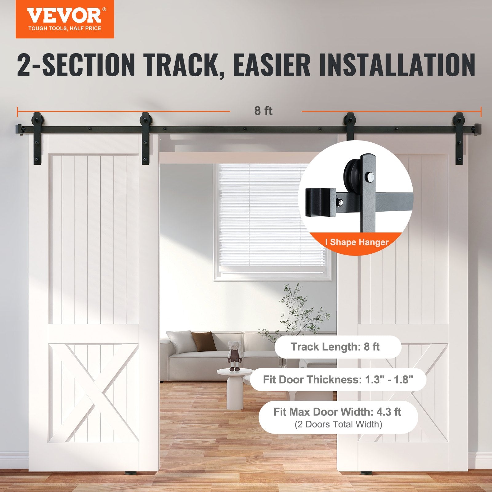 8FT Sliding Barn Door Hardware Closet Track Kit for Double Doors I Hanger V952-GCYMWJTJHS8FD5SVJV0