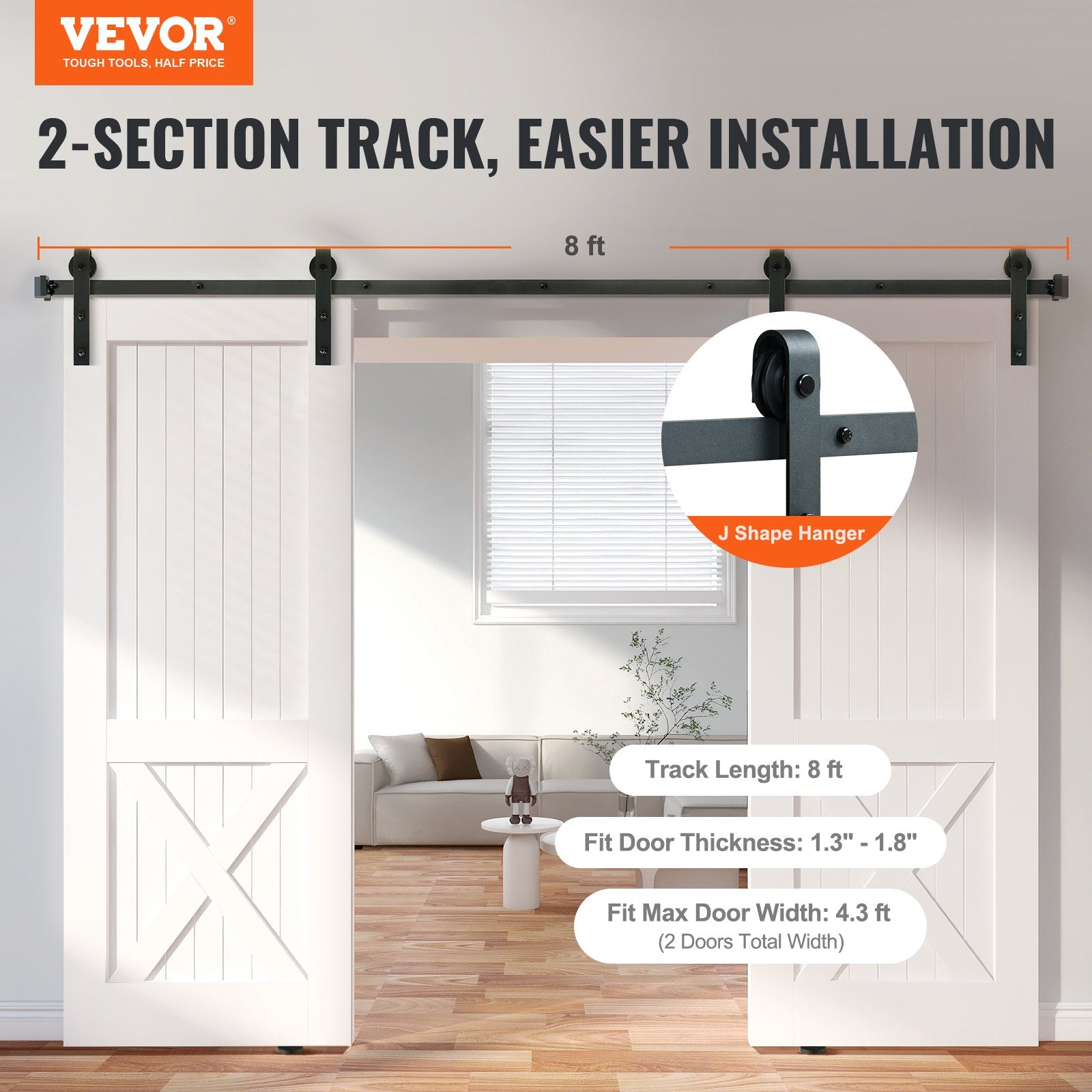 2440 mm Sliding Barn Door Hardware Closet Track Kit for Double Doors J Hanger V952-GCYMWJTJHS8FLSQZJV0