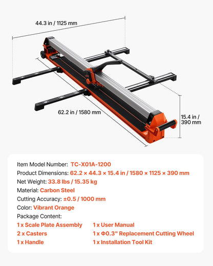 1200 mm Manual Tile Cutter, Upgraded Rail and Sliding Head, Precision Alignment Guide, Tungsten Carbide V952-GDDZDGHHDTSJBBPZL001V0