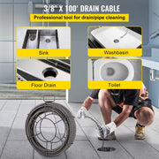 Drain Cleaning Cable 100 Feet x 3/8 Inch Solid Core Cable Sewer Cable Drain Auger Cable Cleaner Snake Clog V952-GDGJTZ100FT380001V0