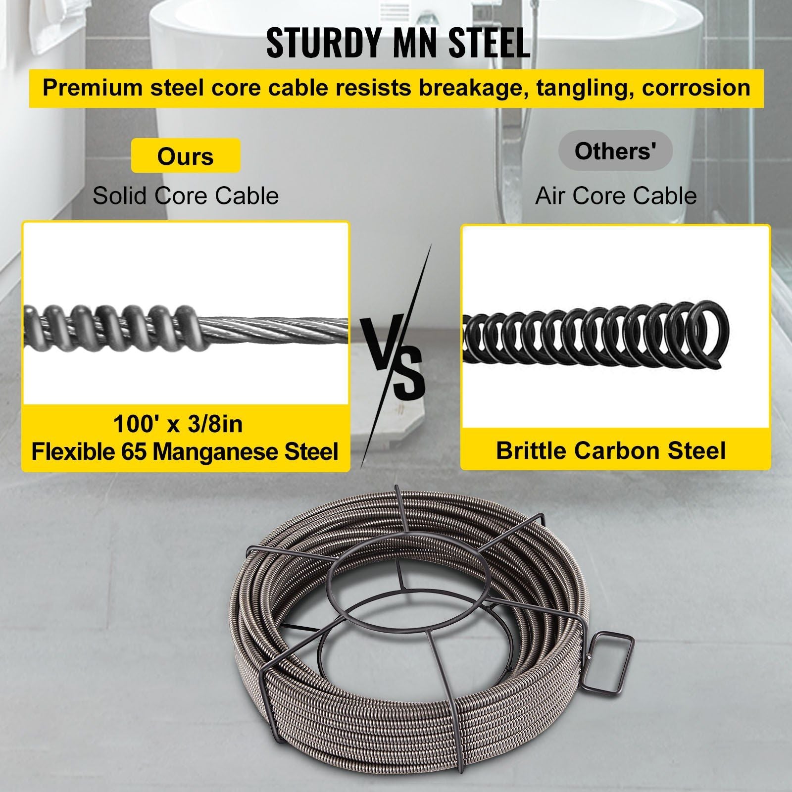 Drain Cleaning Cable 100 Feet x 3/8 Inch Solid Core Cable Sewer Cable Drain Auger Cable Cleaner Snake Clog V952-GDGJTZ100FT380001V0