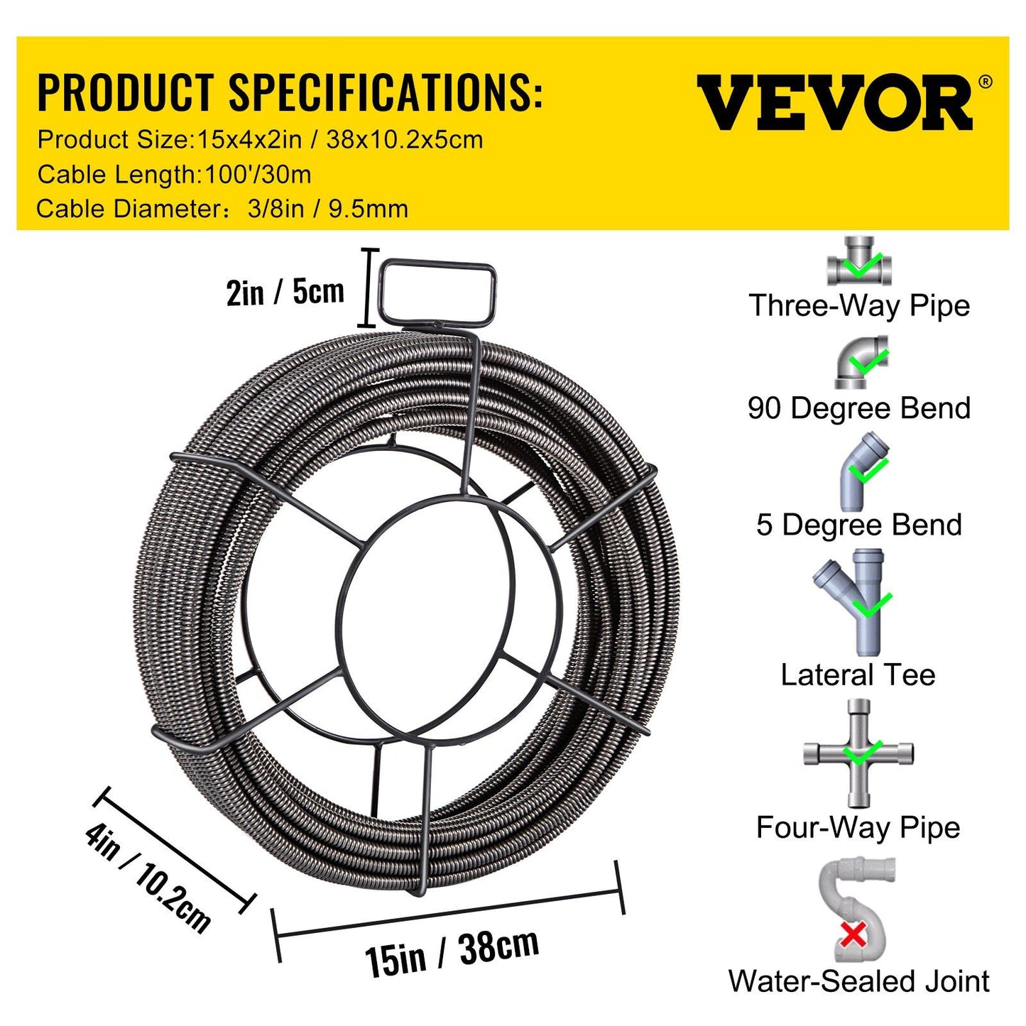 Drain Cleaning Cable 100 Feet x 3/8 Inch Solid Core Cable Sewer Cable Drain Auger Cable Cleaner Snake Clog V952-GDGJTZ100FT380001V0