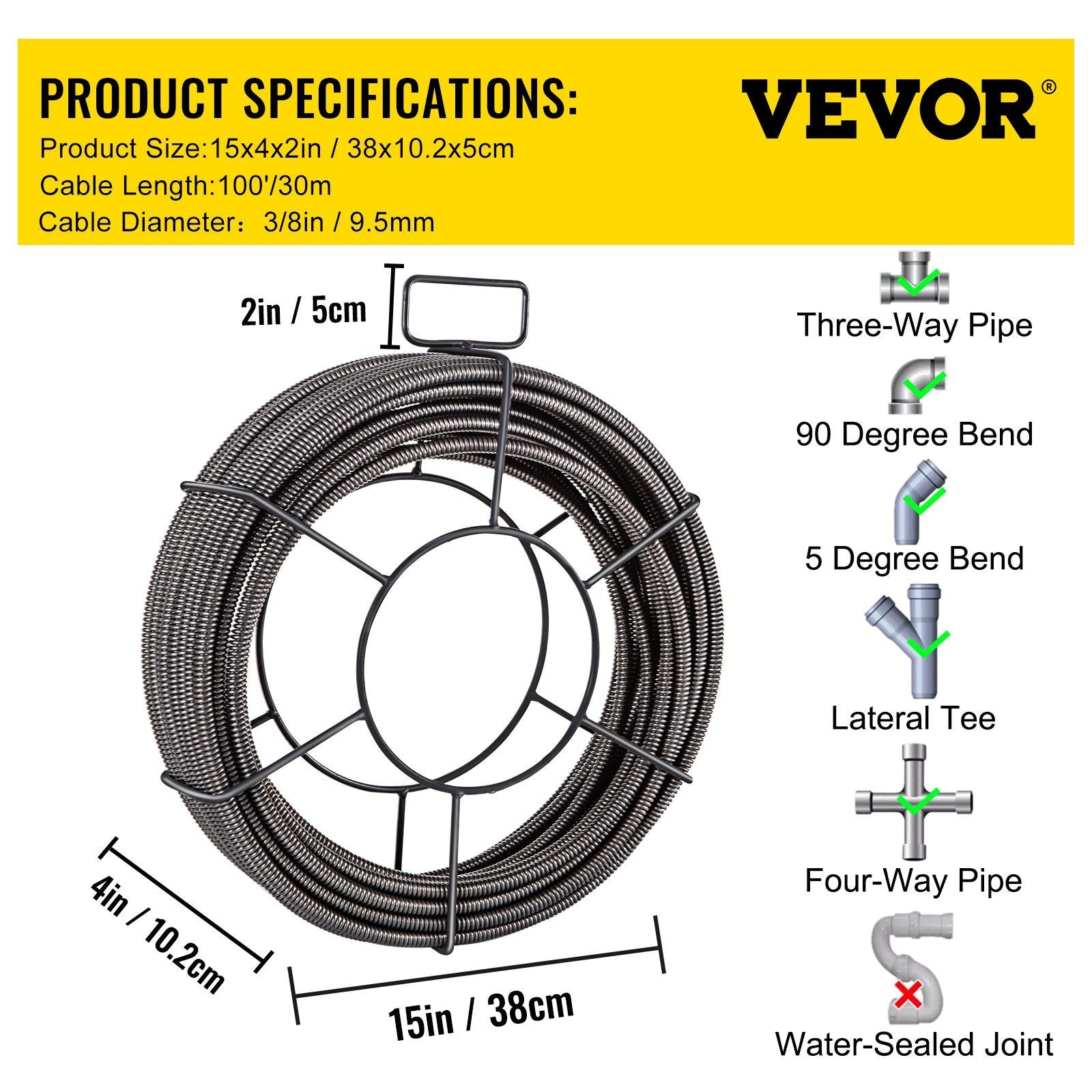 Drain Cleaning Cable 100 Feet x 3/8 Inch Solid Core Cable Sewer Cable Drain Auger Cable Cleaner Snake Clog V952-GDGJTZ100FT380001V0