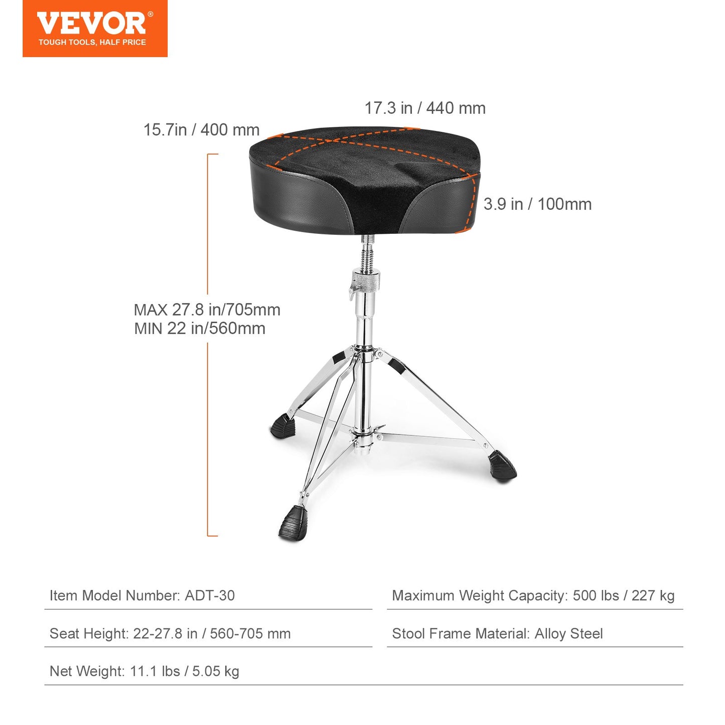 Saddle Drum Throne, 560-705 mm Height Adjustable, Padded Drum Stool Seat with Anti-Slip Feet Drumsticks 227 V952-GDLSSWKBMA00FGHQKV0