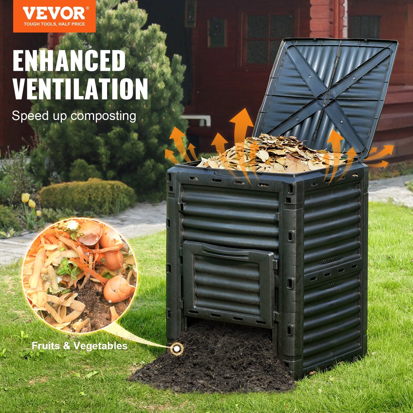 Garden Compost Bin 300 L, BPA Free Composter, Large Capacity Outdoor Composting Bin with Top Lid and Bottom V952-GDSDFXHSPP80WX06WV0