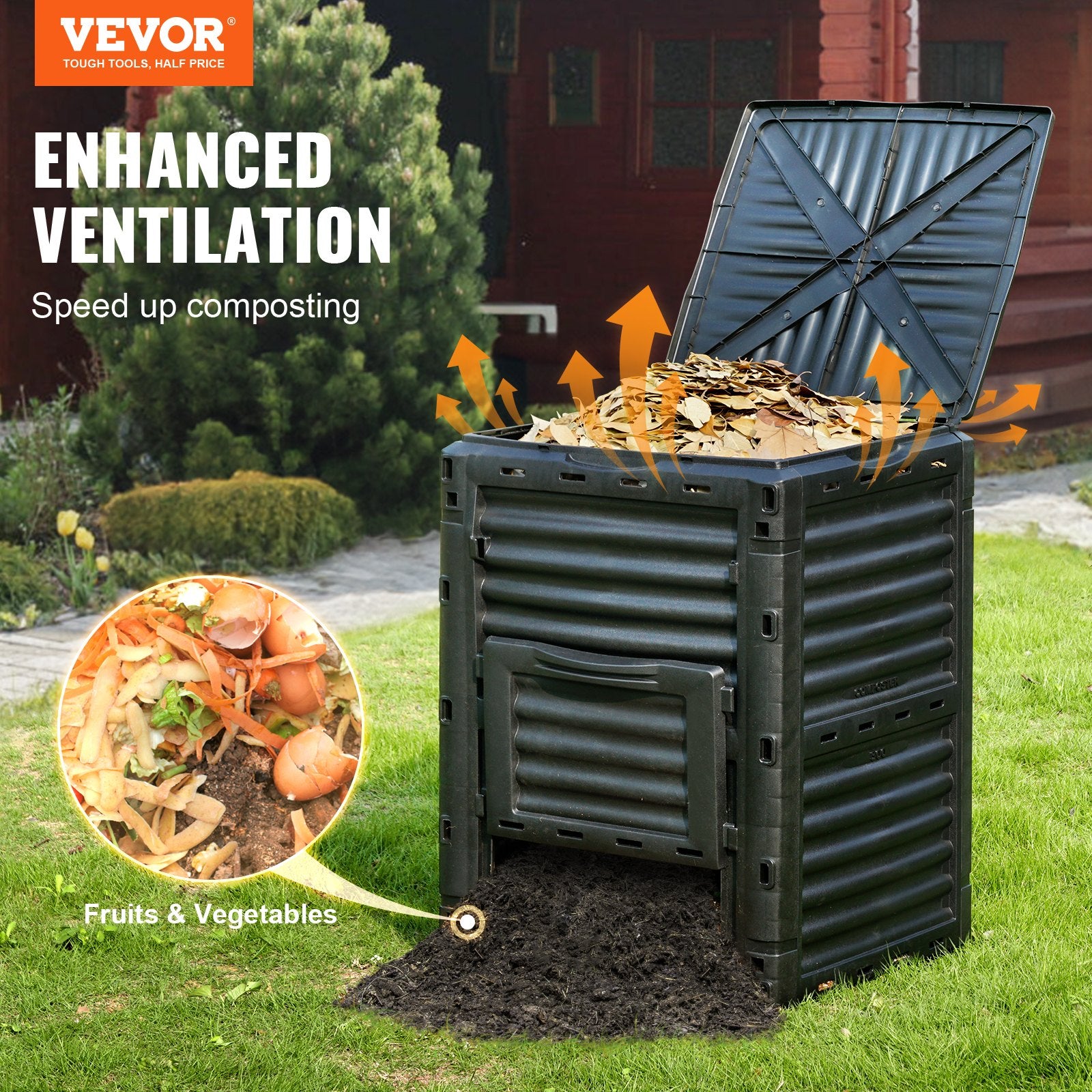 Garden Compost Bin 300 L, BPA Free Composter, Large Capacity Outdoor Composting Bin with Top Lid and Bottom V952-GDSDFXHSPP80WX06WV0
