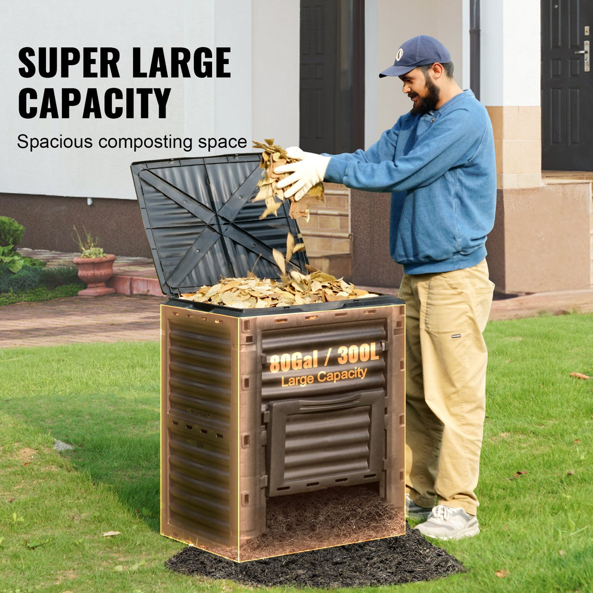 Garden Compost Bin 300 L, BPA Free Composter, Large Capacity Outdoor Composting Bin with Top Lid and Bottom V952-GDSDFXHSPP80WX06WV0