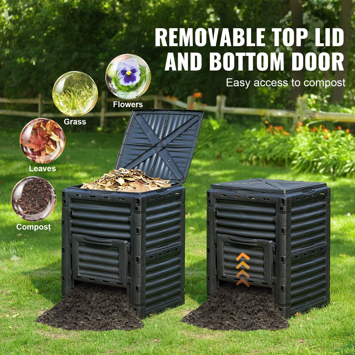 Garden Compost Bin 300 L, BPA Free Composter, Large Capacity Outdoor Composting Bin with Top Lid and Bottom V952-GDSDFXHSPP80WX06WV0