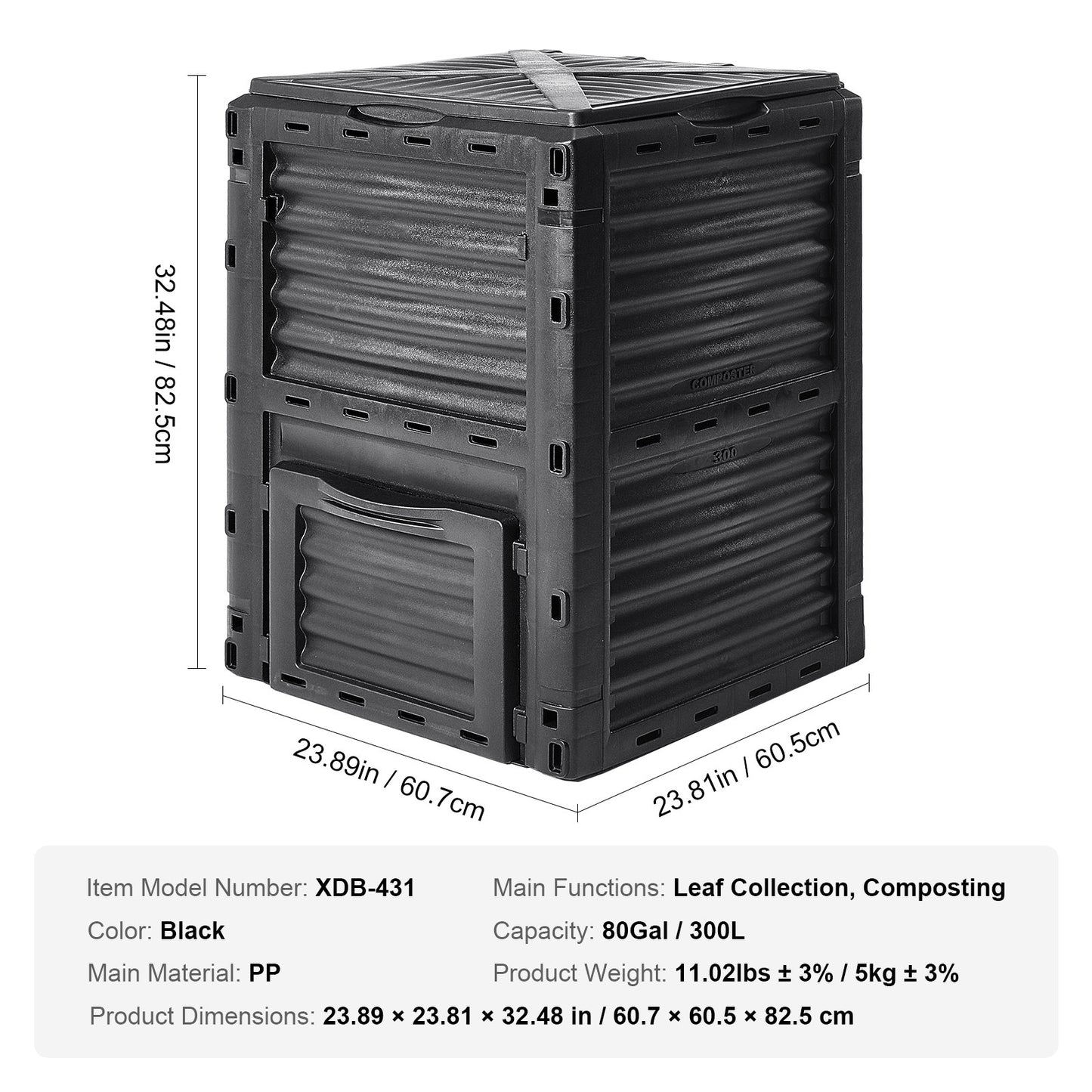 Garden Compost Bin 300 L, BPA Free Composter, Large Capacity Outdoor Composting Bin with Top Lid and Bottom V952-GDSDFXHSPP80WX06WV0