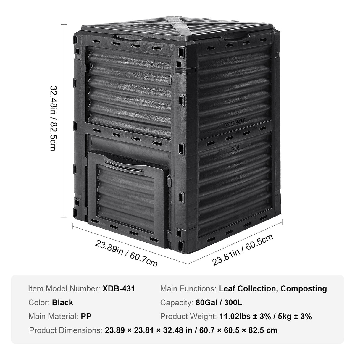 Garden Compost Bin 300 L, BPA Free Composter, Large Capacity Outdoor Composting Bin with Top Lid and Bottom V952-GDSDFXHSPP80WX06WV0