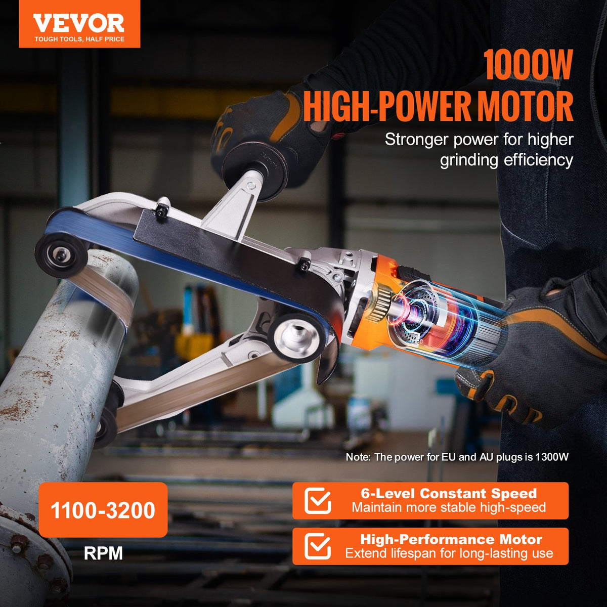 Pipe Tube Polisher Sander, 1300W Pipe Belt Sander with 6 Variable Speeds 1100-3200rpm, Professional Belt V952-GDSDJ800W15XW6KN0V3