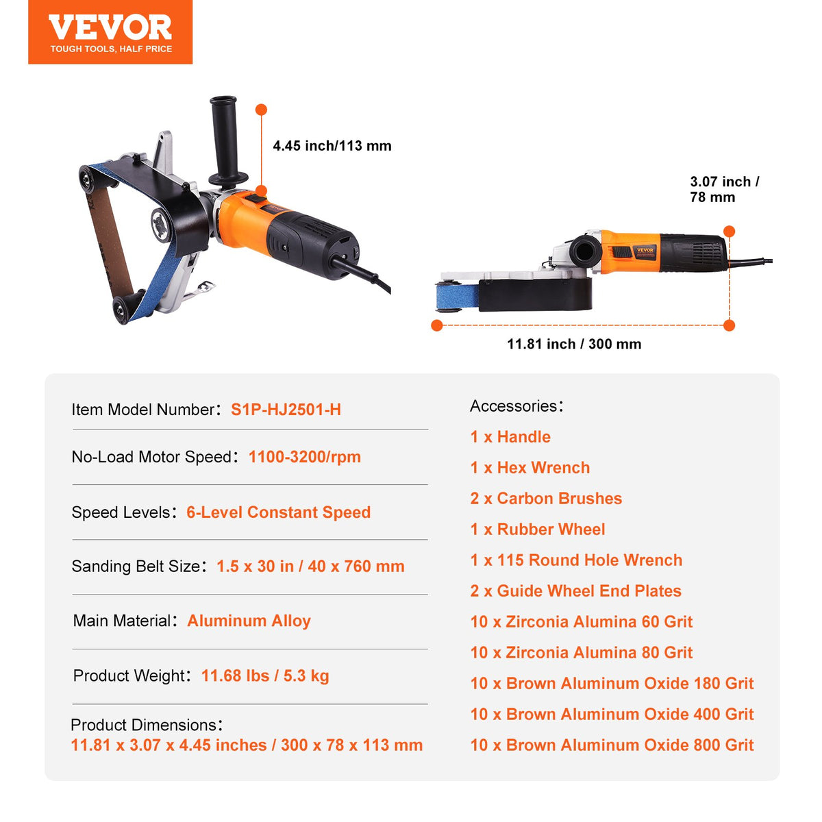 Pipe Tube Polisher Sander, 1300W Pipe Belt Sander with 6 Variable Speeds 1100-3200rpm, Professional Belt V952-GDSDJ800W15XW6KN0V3
