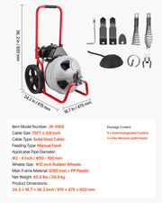 Drain Cleaner Machine 22m x 9.5mm, Sewer Snake Auger Manual Feed on Wheels, Portable Drain Cleaning Machine V952-GDSTJLSGTSSD3Q964001V3