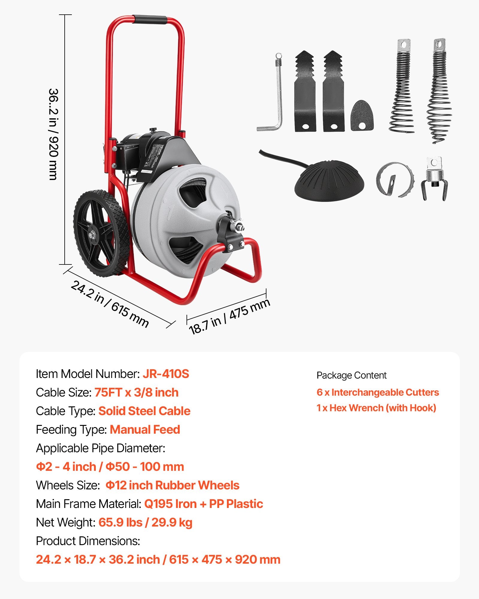 Drain Cleaner Machine 22m x 9.5mm, Sewer Snake Auger Manual Feed on Wheels, Portable Drain Cleaning Machine V952-GDSTJLSGTSSD3Q964001V3
