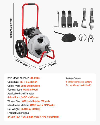 Drain Cleaner Machine 22m x 9.5mm, Sewer Snake Auger Manual Feed on Wheels, Portable Drain Cleaning Machine V952-GDSTJLSGTSSD3Q964001V3