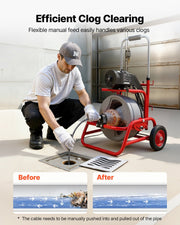 Drain Cleaner Machine 22m x 9.5mm, Sewer Snake Auger on Wheels, Manual Feed Drain Cleaning Machine with V952-GDSTJLSGTSSDJ4OVD001V3