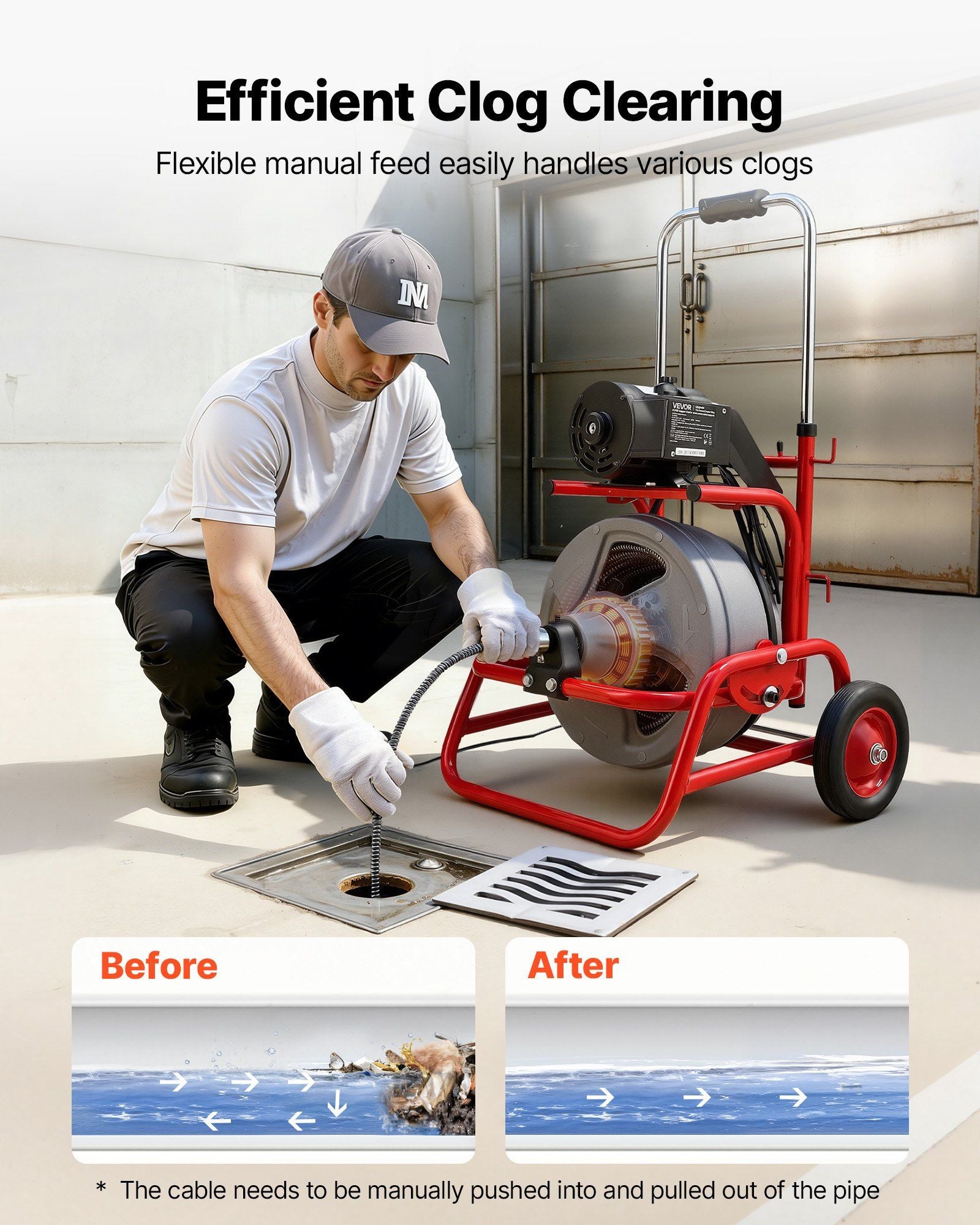Drain Cleaner Machine 22m x 9.5mm, Sewer Snake Auger on Wheels, Manual Feed Drain Cleaning Machine with V952-GDSTJLSGTSSDJ4OVD001V3