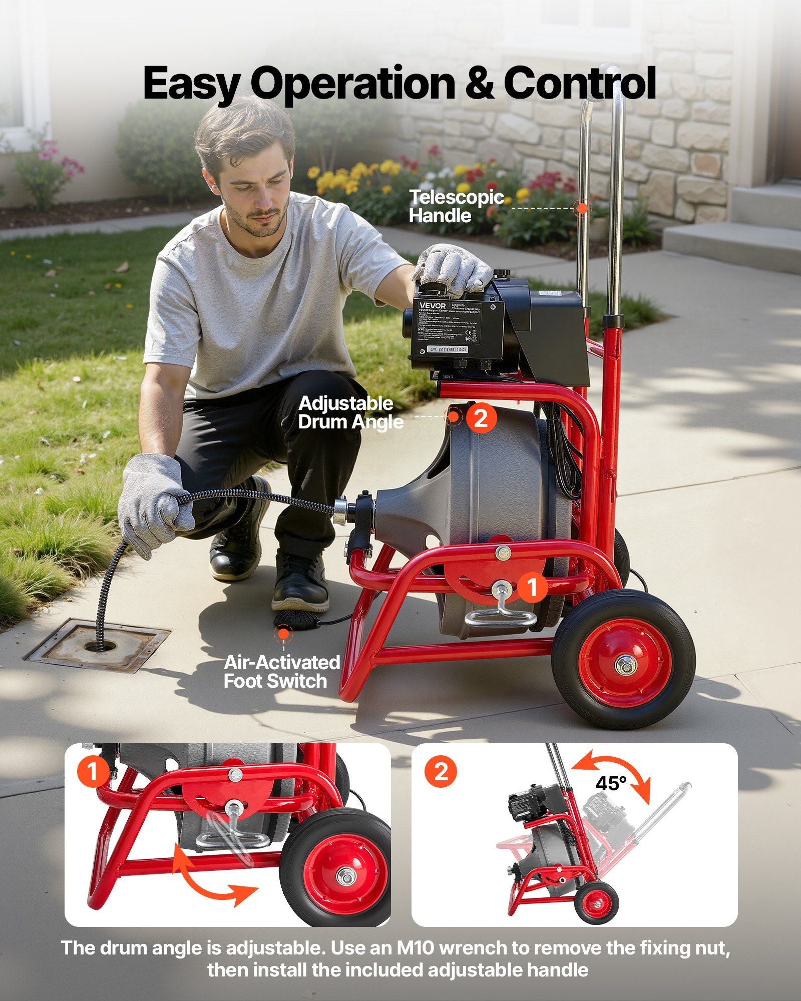 Drain Cleaner Machine 22m x 9.5mm, Sewer Snake Auger on Wheels, Manual Feed Drain Cleaning Machine with V952-GDSTJLSGTSSDJ4OVD001V3