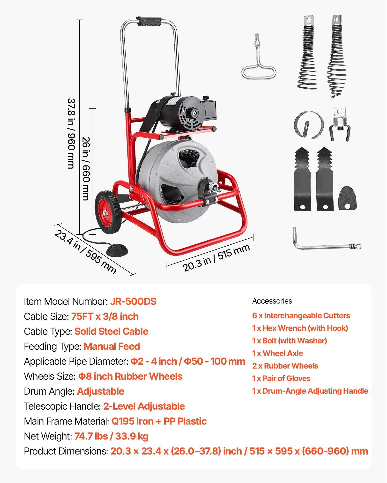 Drain Cleaner Machine 22m x 9.5mm, Sewer Snake Auger on Wheels, Manual Feed Drain Cleaning Machine with V952-GDSTJLSGTSSDJ4OVD001V3