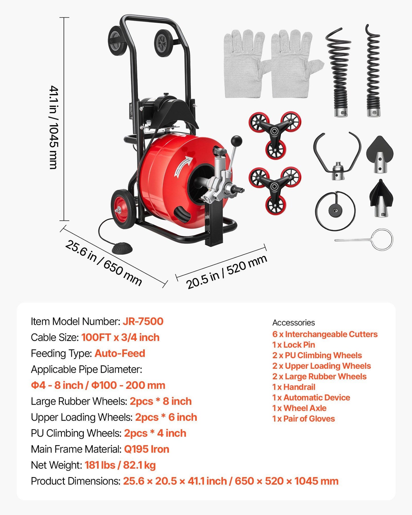 Drain Cleaner Machine 30m x 19mm, Auto Feed Sewer Snake Auger, Portable Drain Cleaning Machine with V952-GDSTJLSGTSZD6CZH9001V3
