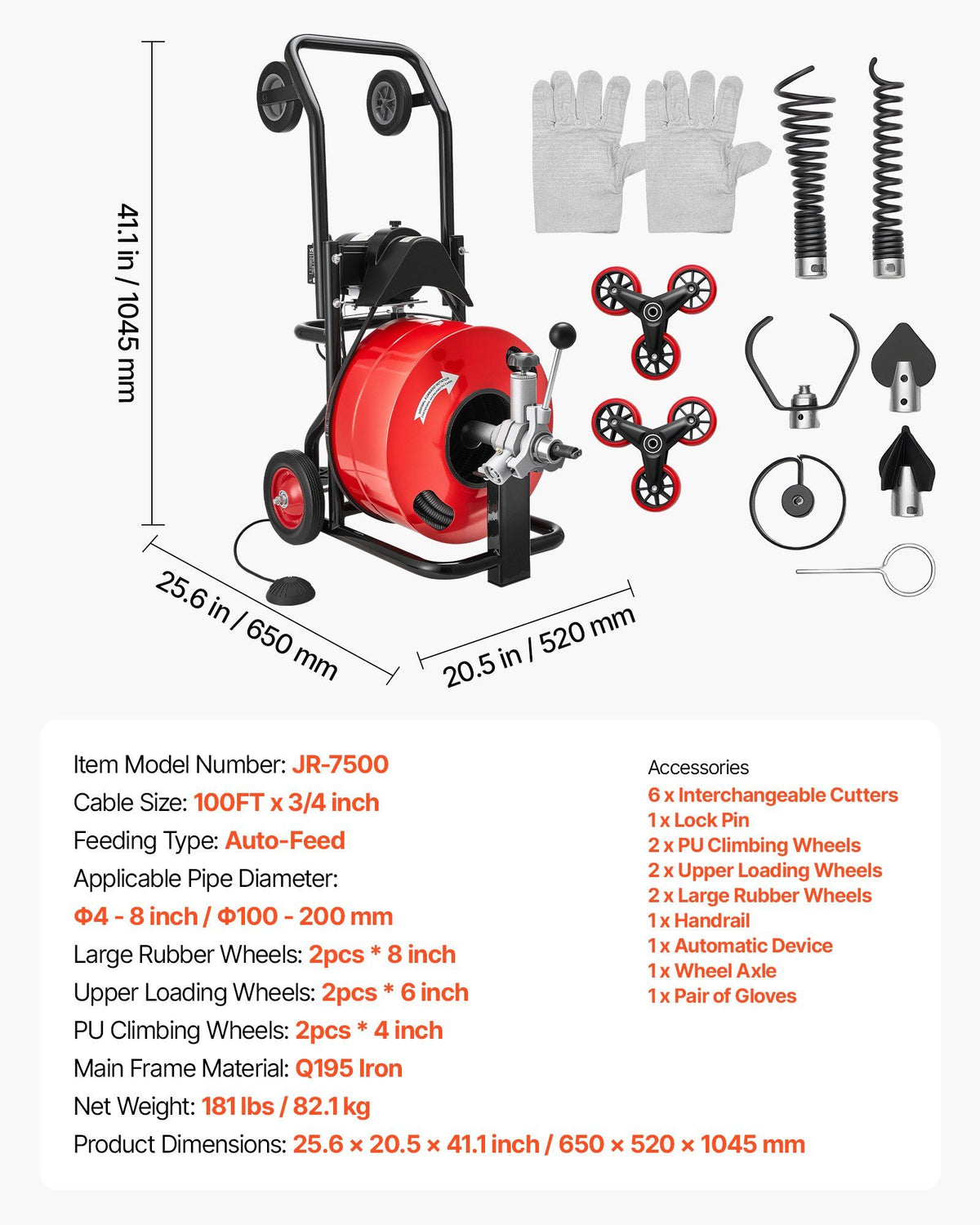 Drain Cleaner Machine 30m x 19mm, Auto Feed Sewer Snake Auger, Portable Drain Cleaning Machine with V952-GDSTJLSGTSZD6CZH9001V3