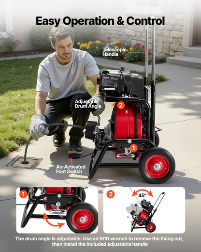 Drain Cleaner Machine 22m x 12.7mm, Auto Feed Sewer Snake Auger, Portable Drain Cleaning Machine with V952-GDSTJLSGTSZD783DX001V3