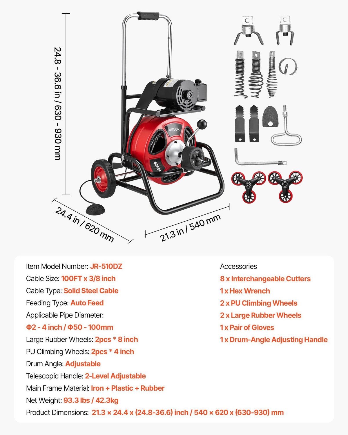 Drain Cleaner Machine 30m x 9.5mm, Auto Feed Sewer Snake Auger, Portable Drain Cleaning Machine with Climbing V952-GDSTJLSGTSZDG6NEF001V3