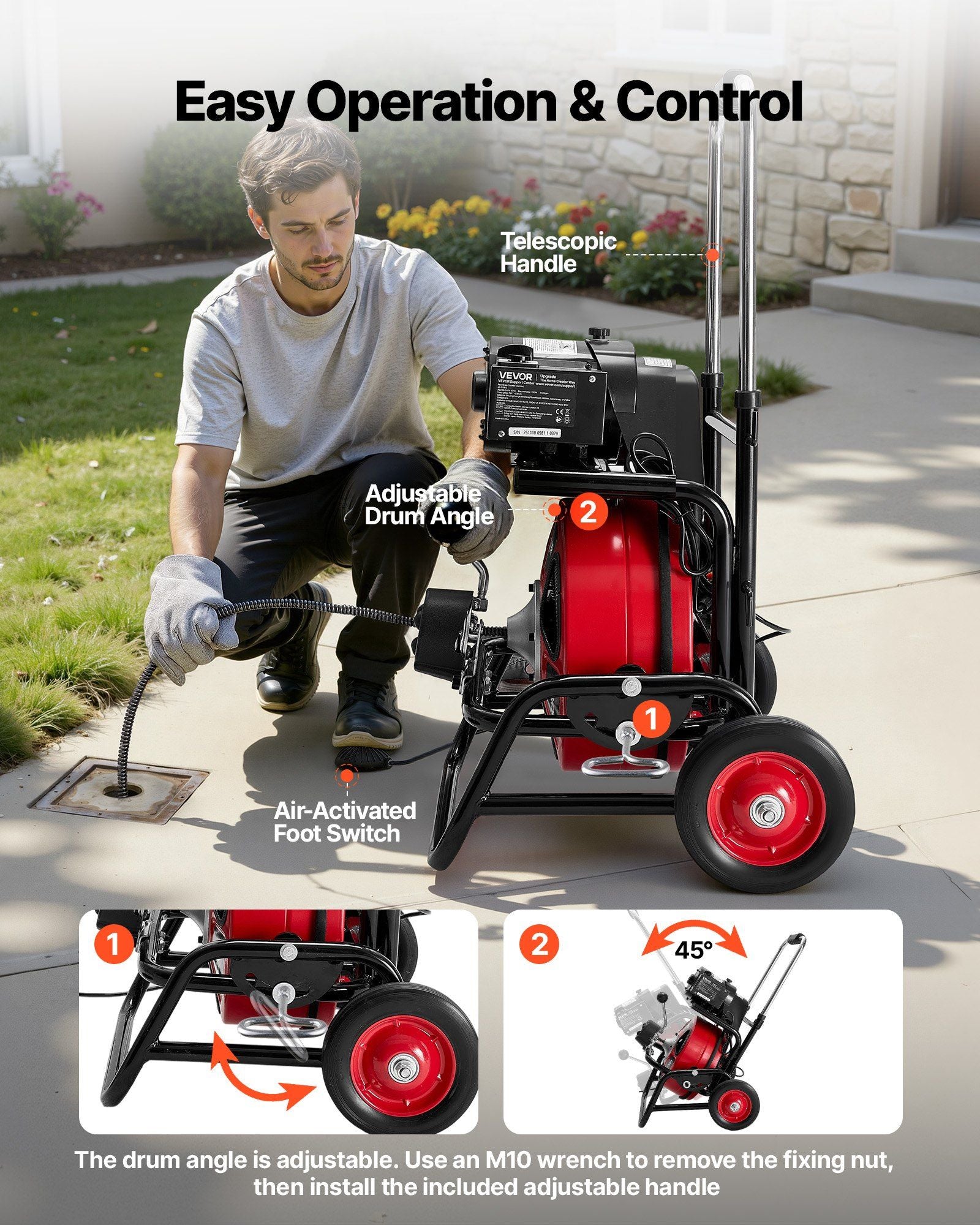 Drain Cleaner Machine 30m x 12.7mm, Auto Feed Sewer Snake Auger, Portable Drain Cleaning Machine with V952-GDSTJLSGTSZDYGHE9001V3