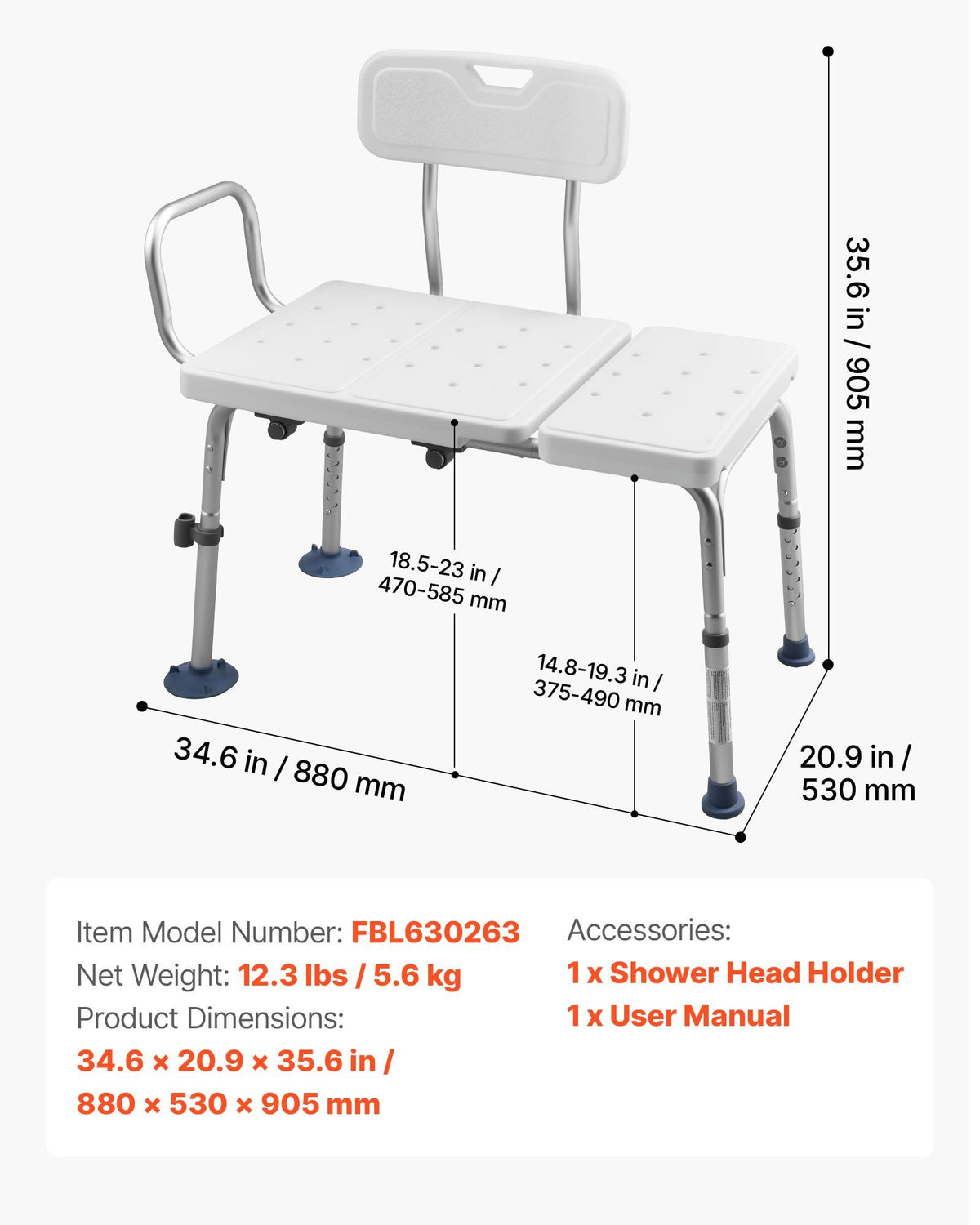 Tub Transfer Bench for Bathtub, 180 kg Capacity Heavy Duty Shower Chair with Arm, Backrest and Curtain Slot, V952-GDSYGZYTLSLB9D365001V0