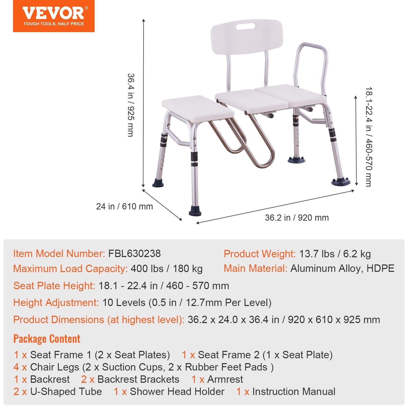 Tub Transfer Bench Bathtub Shower Seat for Senior Height Adjustable 400LBS V952-GDSYGZYTLSLBMPECKV0