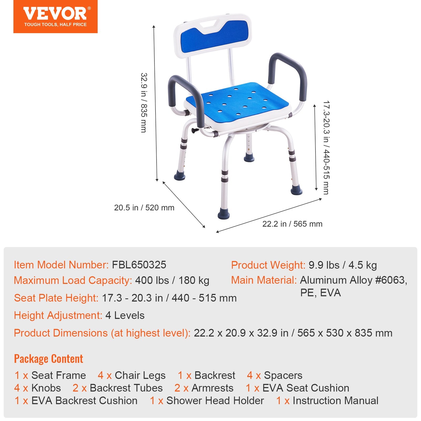 Swivel Shower Chair 360 Degree, Adjustable Shower Seat with Armrests and Backrest for Inside Shower or V952-GDSYGZYTLSLKA9NI1V0