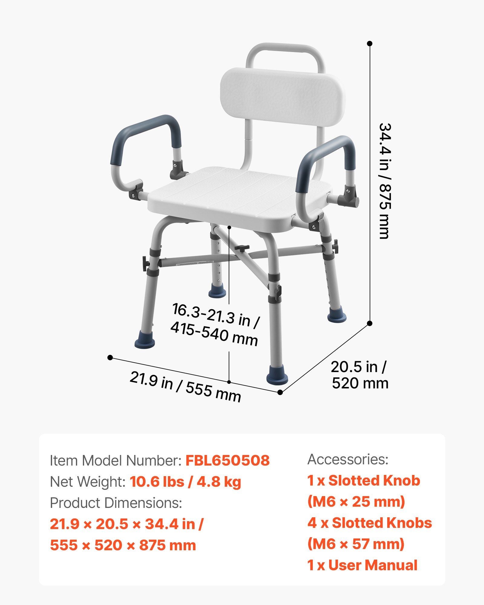 Swivel Shower Chair with Arms and Back, 227 kg Load Heavy Duty Bench Seat for Inside Shower Stall and V952-GDSYGZYTLSLKHO50K001V0