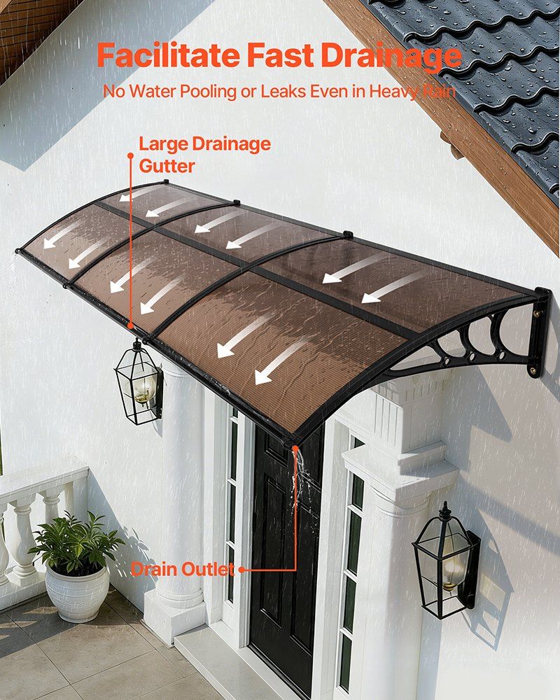 Awnings for Door Entrance, 965 x 2957 mm, Exterior Front Door Window Awnings with Drainage & ABS Bracket, V952-GDSZYP40120Y8FUG0001V0