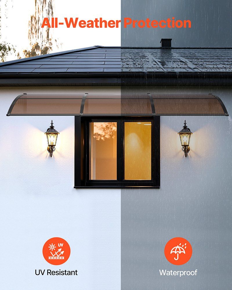 Awnings for Door Entrance, 965 x 2957 mm, Exterior Front Door Window Awnings with Drainage & ABS Bracket, V952-GDSZYP40120Y8FUG0001V0