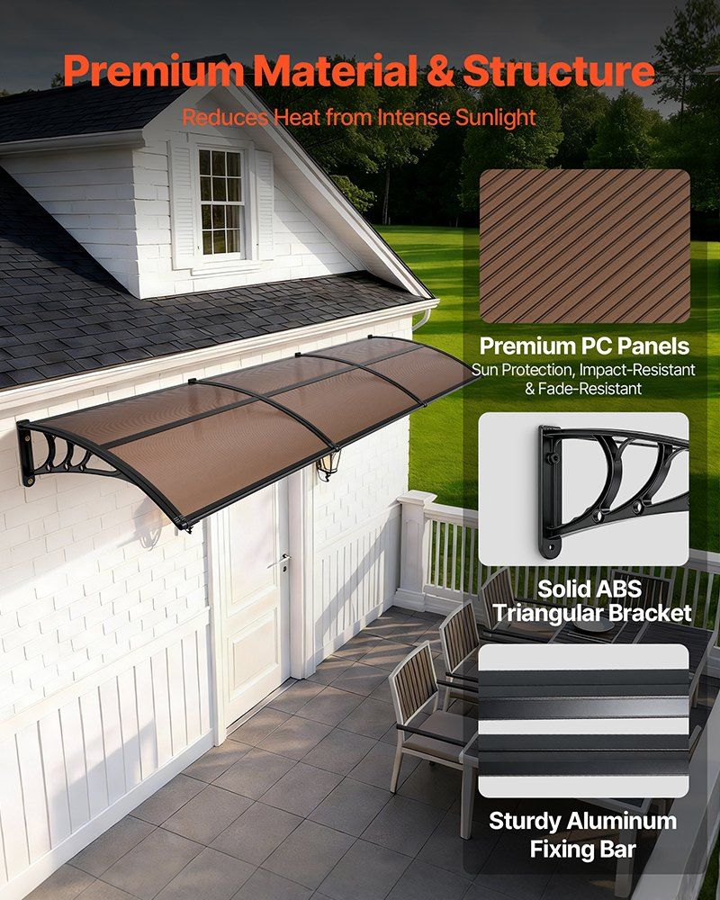 Awnings for Door Entrance, 965 x 2957 mm, Exterior Front Door Window Awnings with Drainage & ABS Bracket, V952-GDSZYP40120Y8FUG0001V0