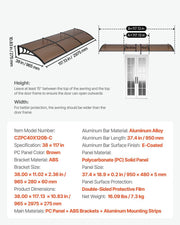 Awnings for Door Entrance, 965 x 2957 mm, Exterior Front Door Window Awnings with Drainage & ABS Bracket, V952-GDSZYP40120Y8FUG0001V0