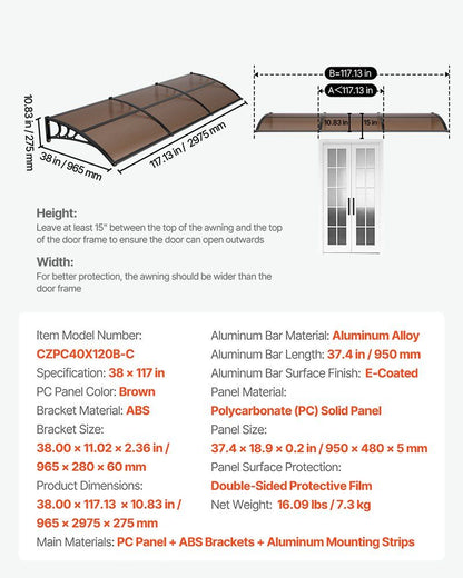 Awnings for Door Entrance, 965 x 2957 mm, Exterior Front Door Window Awnings with Drainage & ABS Bracket, V952-GDSZYP40120Y8FUG0001V0