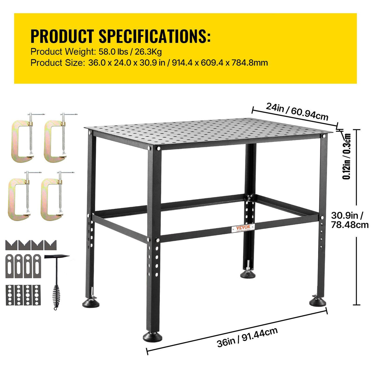 Welding Table 36" x 24", 800LBS Capacity Welding Workbench Table, Heavy-Duty Work Bench with 0.63" Fixture V952-GDXHZ800LB36HJ2L5V0