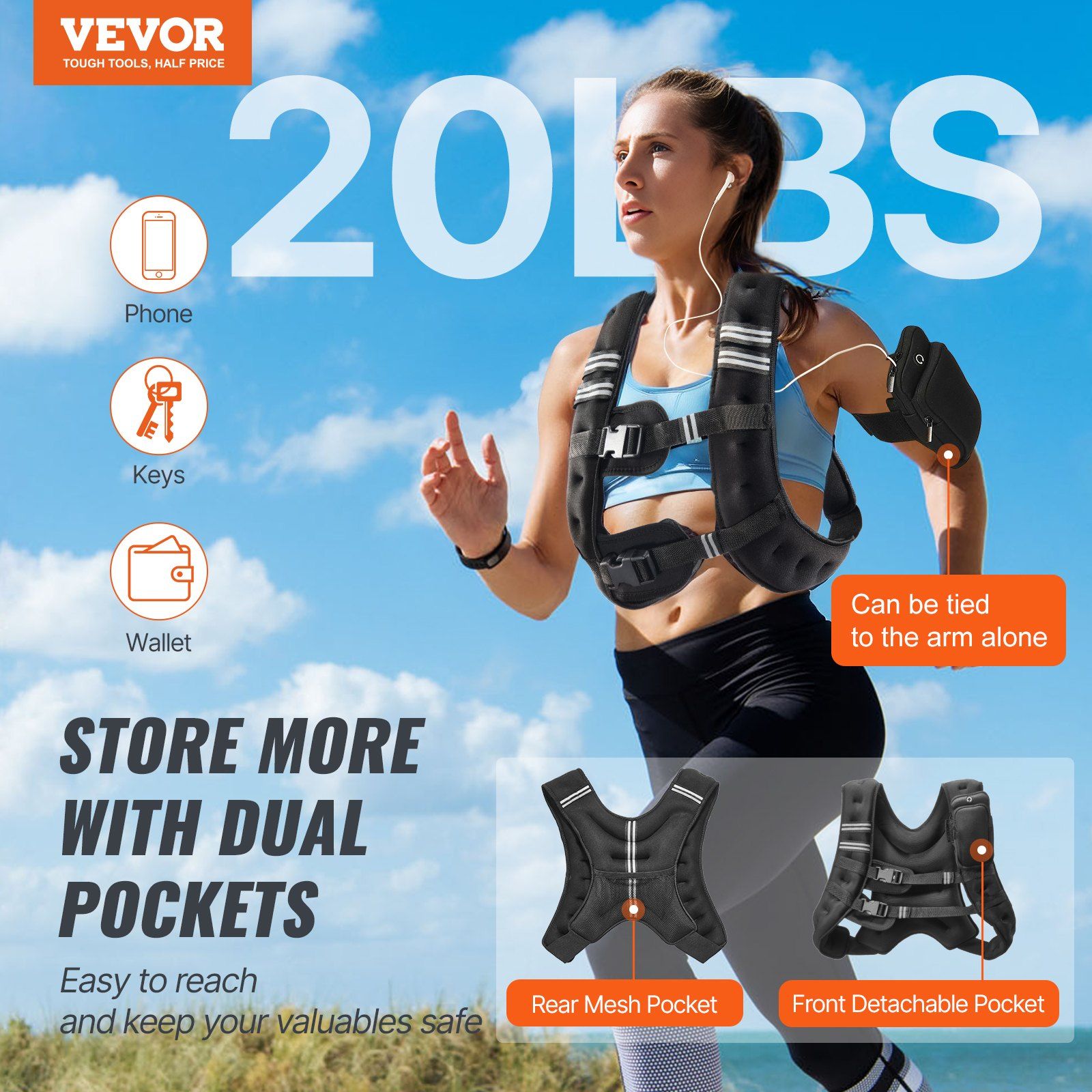 Weighted Vest, 20 lbs Weight Vest with Reflective Stripe, Adjustable Buckle Body Weight Vest for Men Women, V952-GDZLKXTS20LB3OHMJV0