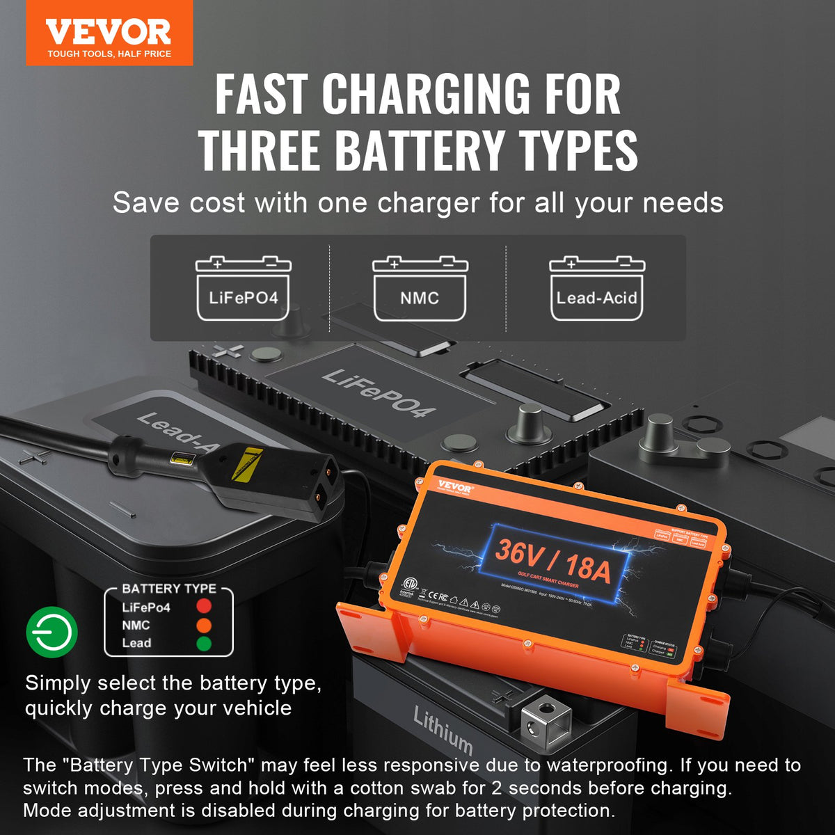 18 AMP Golf Cart Smart Battery Charger for EZGO D-Style IP67 ETL V952-GEFQCDCCDQDXHNSQ1V3