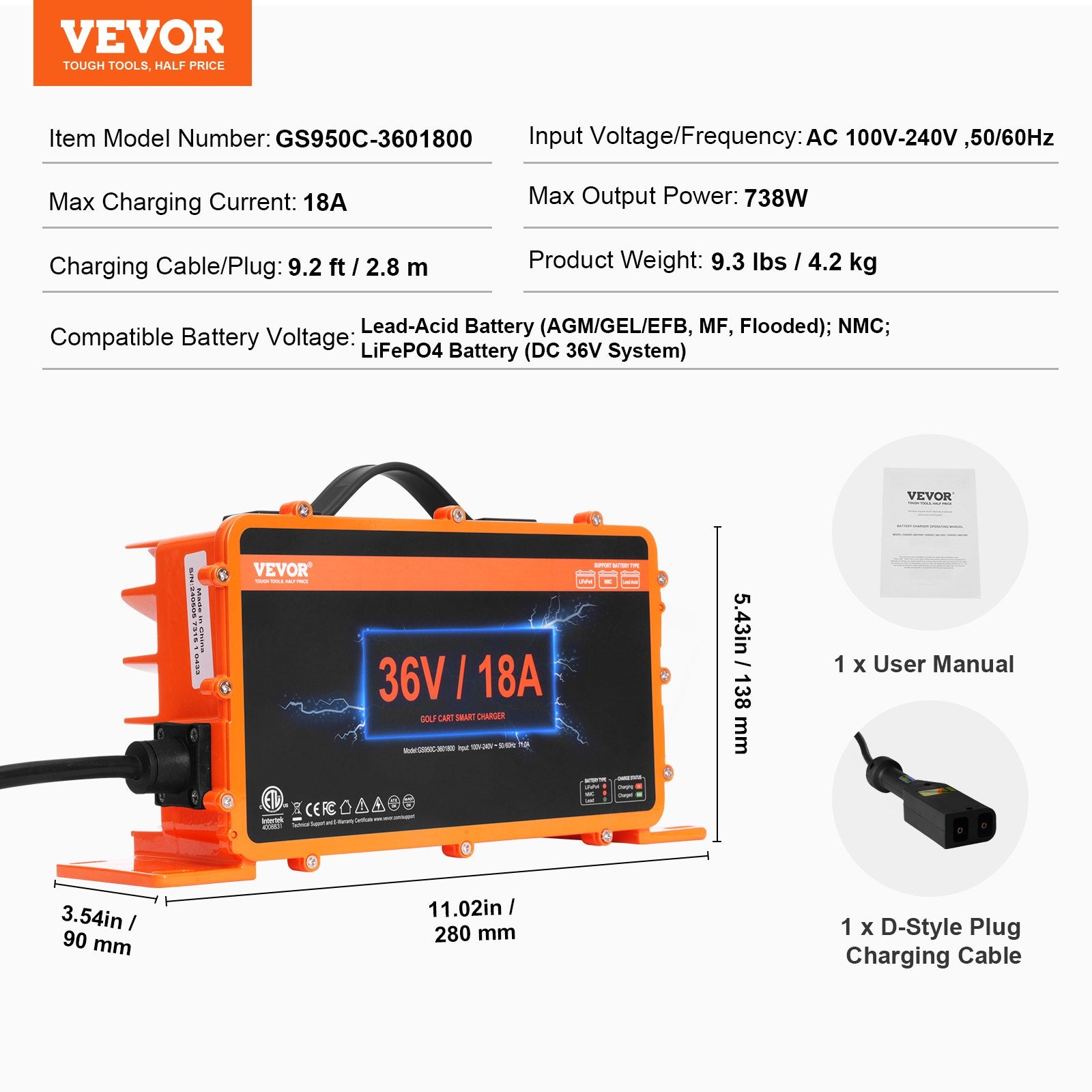 18 AMP Golf Cart Smart Battery Charger for EZGO D-Style IP67 ETL V952-GEFQCDCCDQDXHNSQ1V3