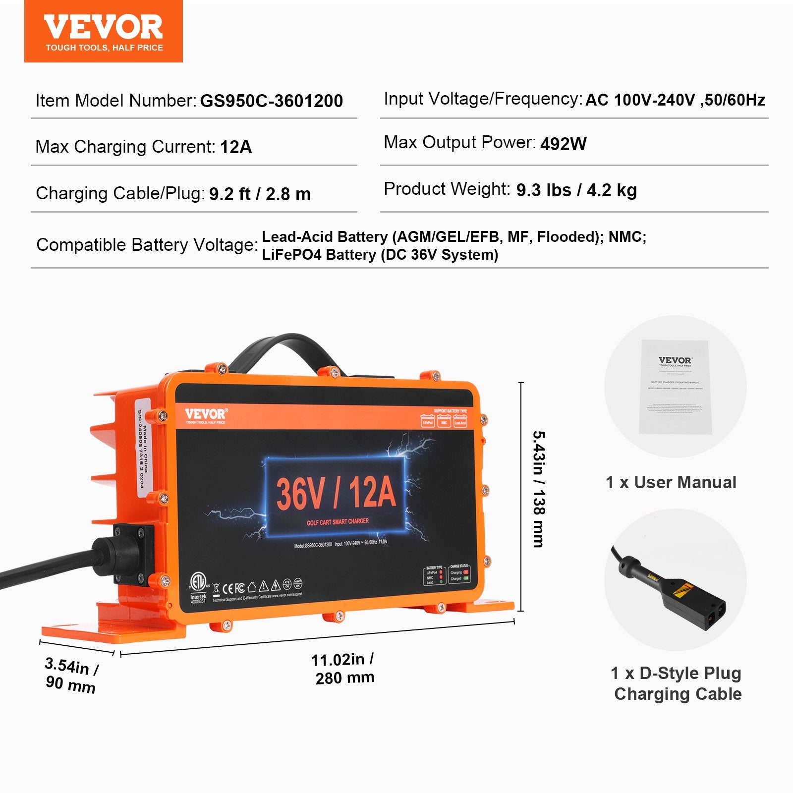 12 AMP Golf Cart Smart Battery Charger for EZGO D-Style IP67 ETL V952-GEFQCDCCDQDXN3UKQV3