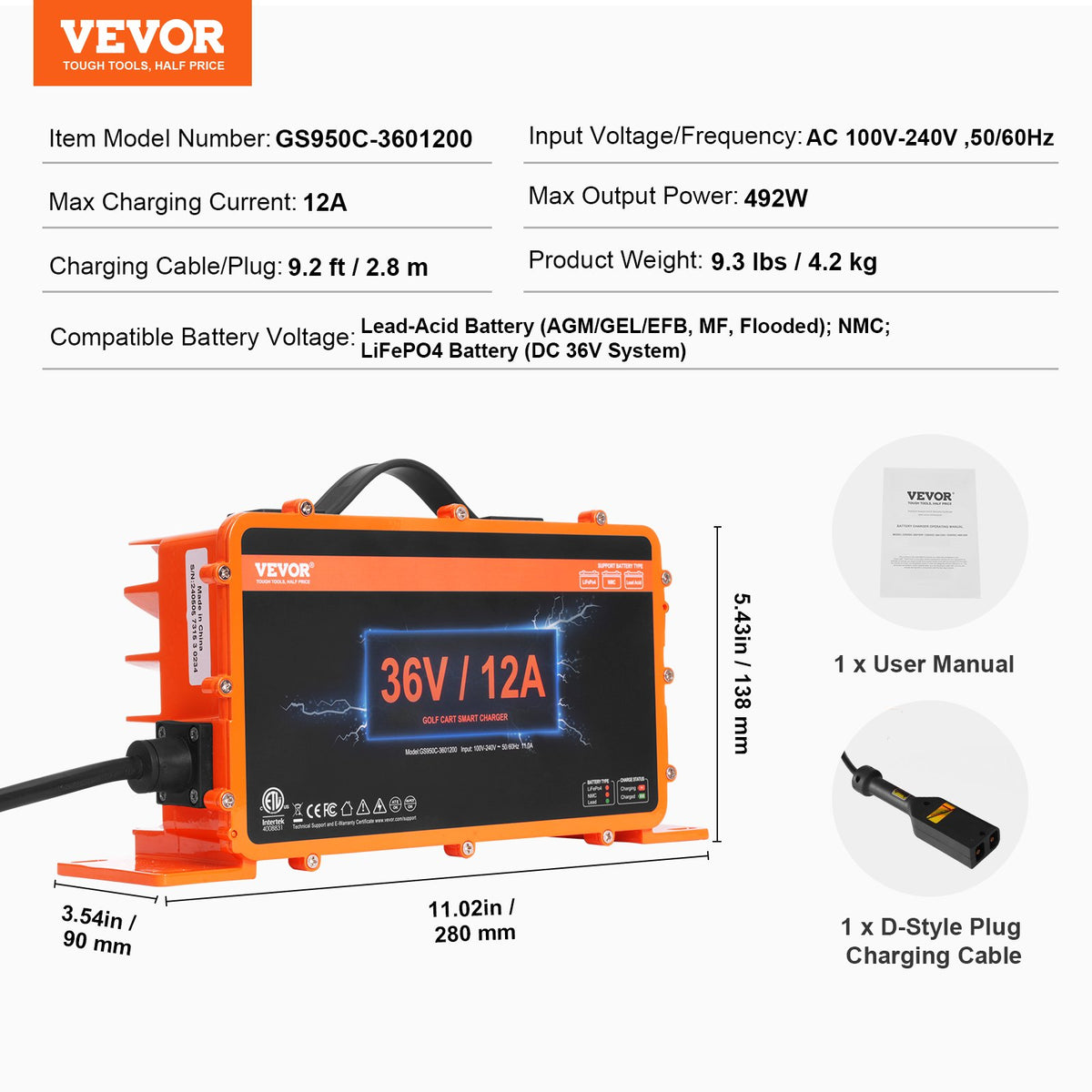 12 AMP Golf Cart Smart Battery Charger for EZGO D-Style IP67 ETL V952-GEFQCDCCDQDXN3UKQV3