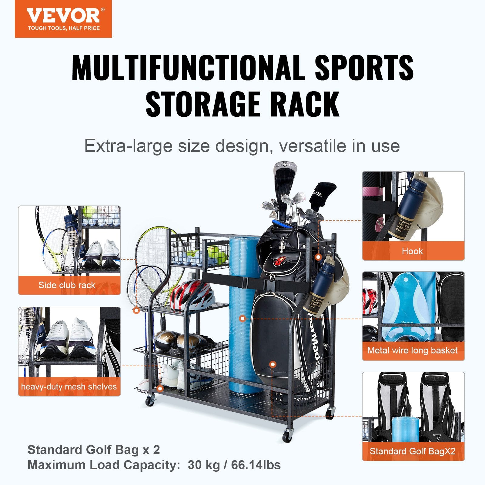 Golf Storage Garage Organizer, 2 Golf Bag Stand Holder and Other Sports Equipment Storage Rack, Rolling Ball V952-GEFSNJHSS4G25AL4YV0