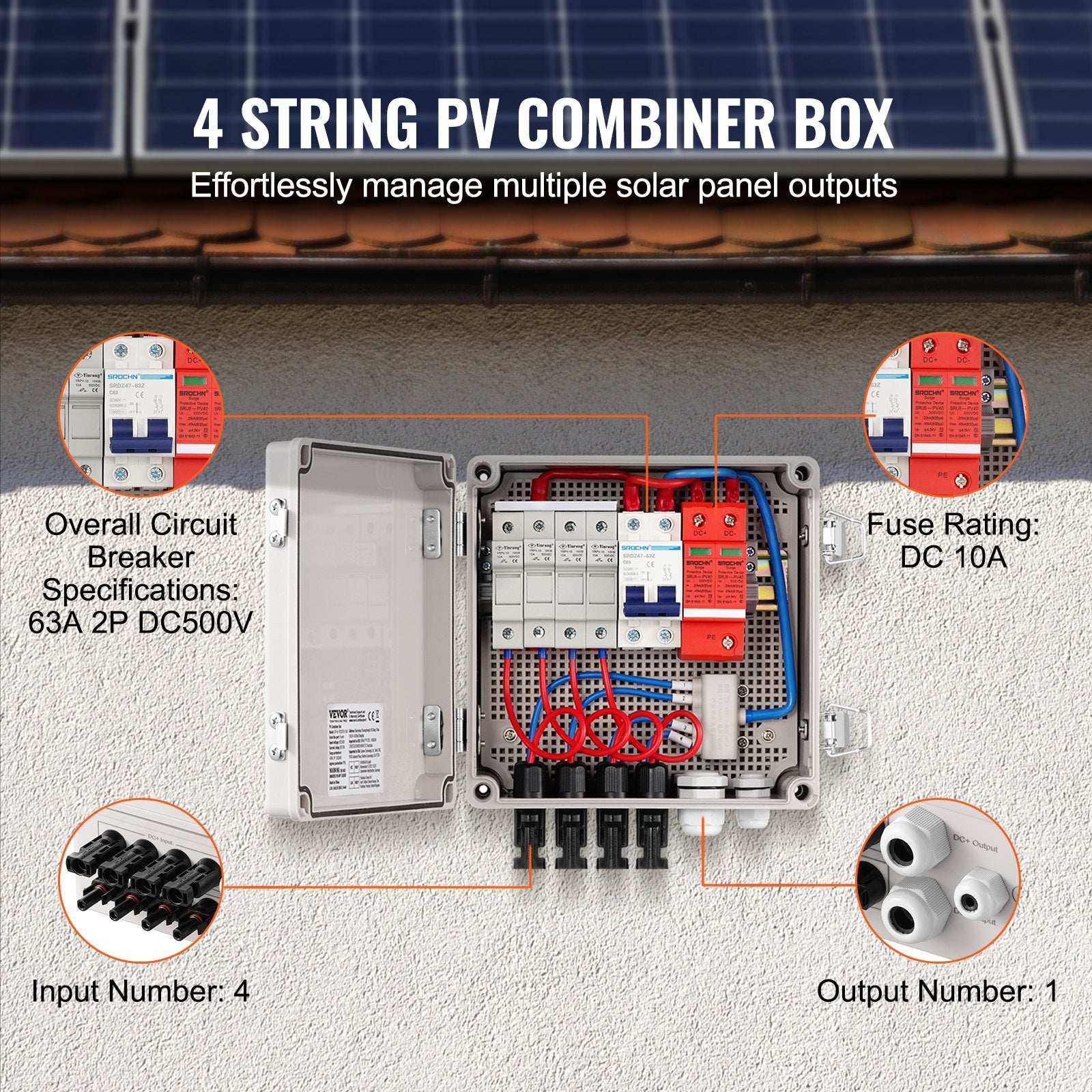 Solar PV Combiner Box 4 String 10A for Solar Panel System ABS Case IP65 V952-GFHLX4HL10ASCPG1OY3