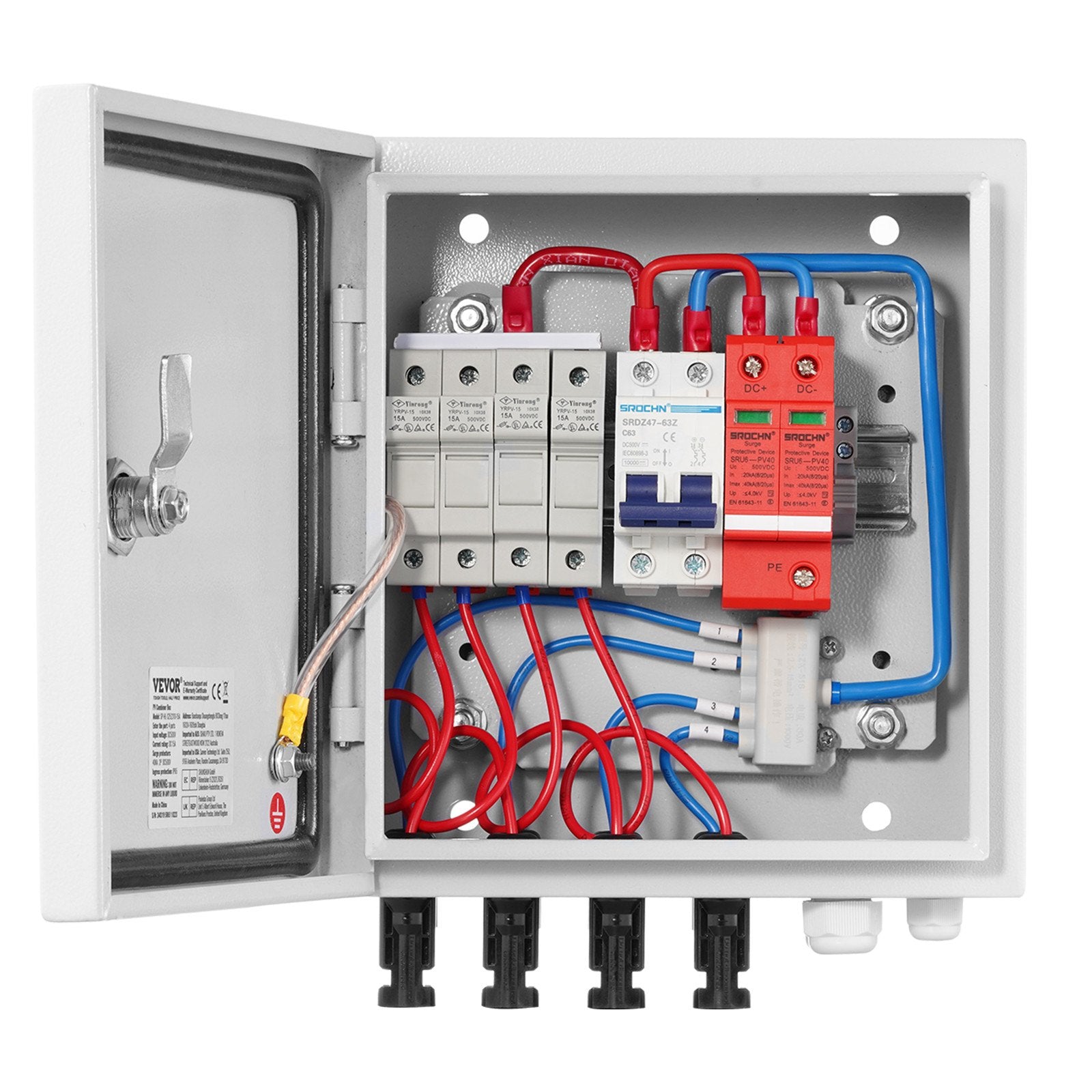 PV Combiner Box, 4 String, Solar Combiner Box with 15A Rated Current Fuse 63A Circuit Breaker Lightning V952-GFHLX4HL15ATMYRICY3