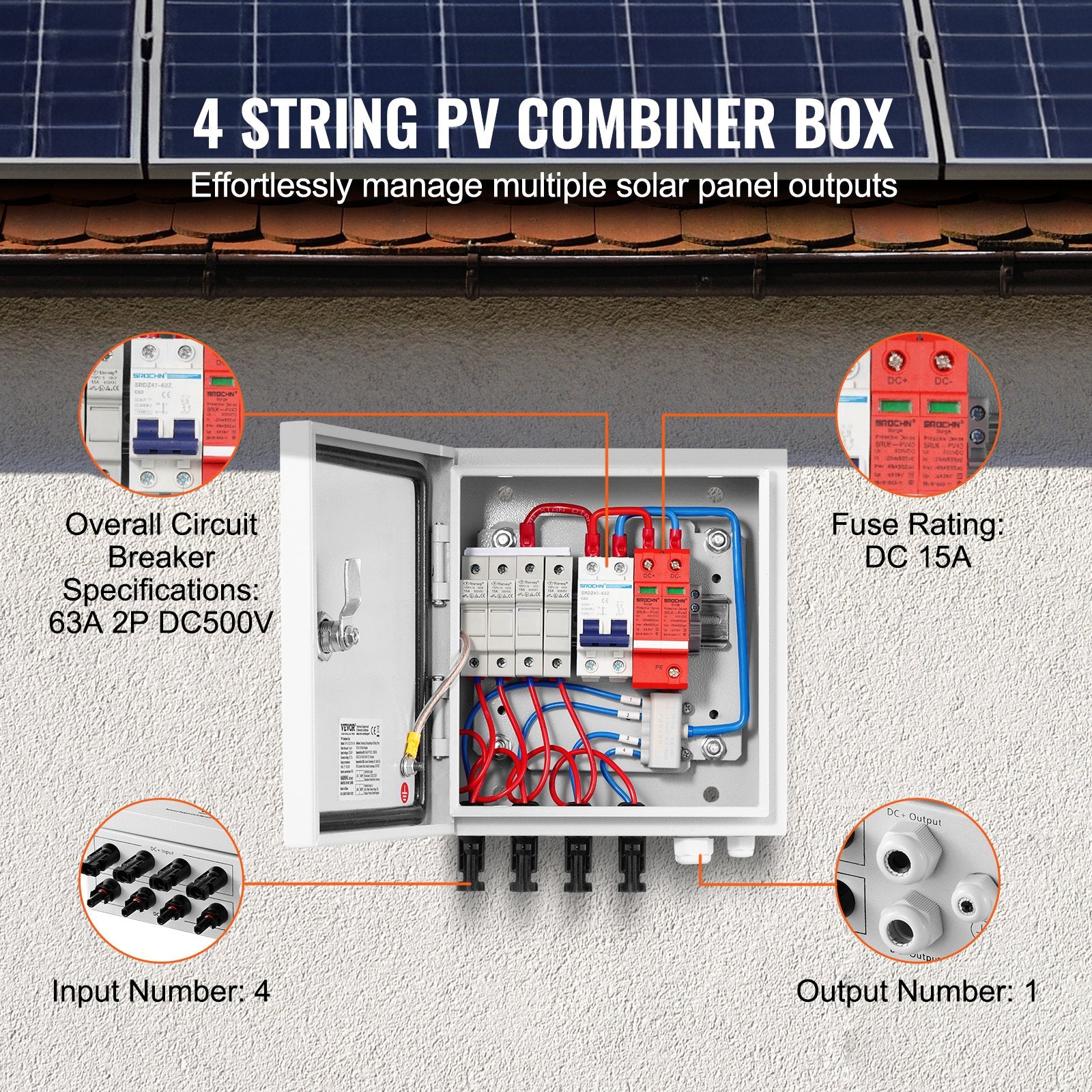 PV Combiner Box, 4 String, Solar Combiner Box with 15A Rated Current Fuse 63A Circuit Breaker Lightning V952-GFHLX4HL15ATMYRICY3