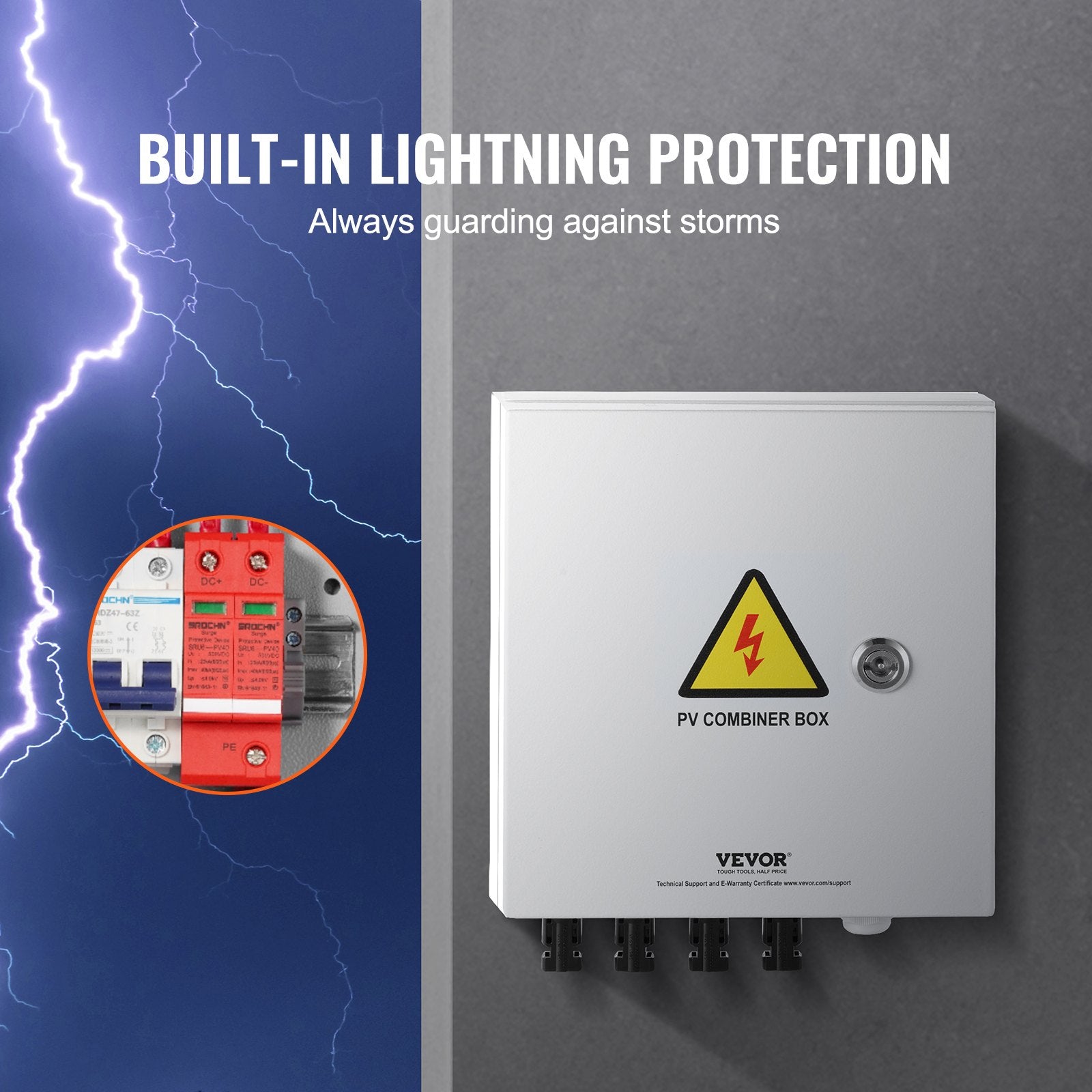PV Combiner Box, 4 String, Solar Combiner Box with 15A Rated Current Fuse 63A Circuit Breaker Lightning V952-GFHLX4HL15ATMYRICY3