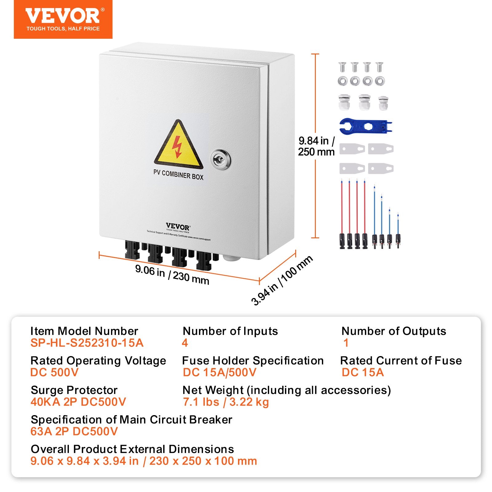 PV Combiner Box, 4 String, Solar Combiner Box with 15A Rated Current Fuse 63A Circuit Breaker Lightning V952-GFHLX4HL15ATMYRICY3